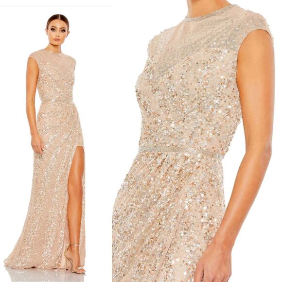Mac Duggal 5619 4 Embellished Illusion High Neck Cap Sleeve Gown Nude Dress - Picture 1 of 11